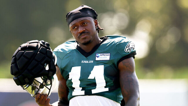 PHILADELPHIA, PENNSYLVANIA - JULY 28: A.J. Brown #11 of the Philadelphia Eagles looks on during the Philadelphia Eagles Training Camp at NovaCare Complex on July 28, 2025 in Philadelphia, Pennsylvania.