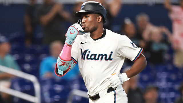 MIAMI, FLORIDA - JULY 23: Jesús Sánchez #7 of the Miami Marlins hits a two run home run during the fifth inning against the San Diego Padres at loanDepot park on July 23, 2025 in Miami, Florida.