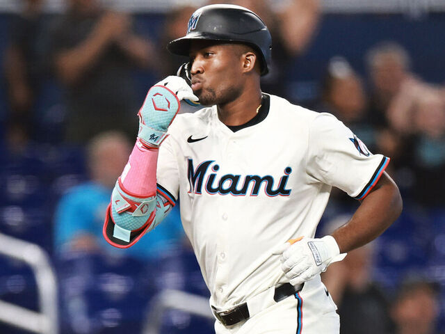 MIAMI, FLORIDA - JULY 23: Jesús Sánchez #7 of the Miami Marlins hits a two run home run during the fifth inning against the San Diego Padres at loanDepot park on July 23, 2025 in Miami, Florida.