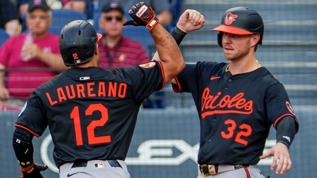 CLEVELAND, OH - JULY 21: Ramón Laureano #12 of the Baltimore Orioles celebrates with Ryan O'Hearn #32 after hitting a home run during the game between the Baltimore Orioles and the Cleveland Guardians at Progressive Field on Monday, July 21, 2025 in Cleveland, Ohio.