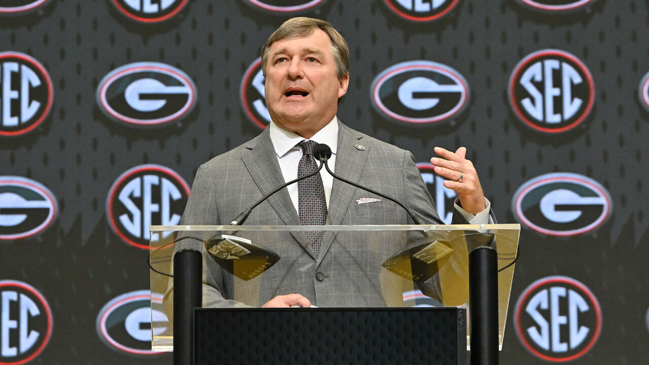 ATLANTA, GA - JULY 15: Georgia Bulldogs head coach Kirby Smart addresses the media during SEC Football Media Days on July 15, 2025, at the College Football Hall of Fame in Atlanta, GA.