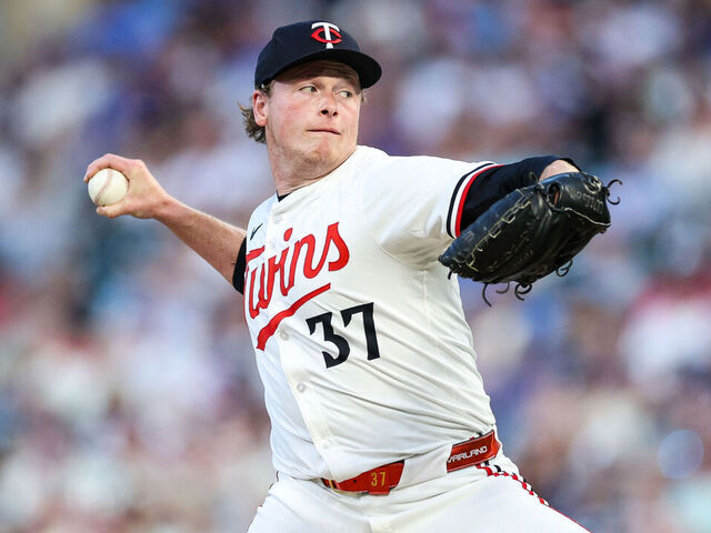 MINNEAPOLIS, MINNESOTA - JULY 09: Louis Varland #37 of the Minnesota Twins delivers a pitch against the Chicago Cubs in the eighth inning at Target Field on July 09, 2025 in Minneapolis, Minnesota. The Twins defeated the Cubs 4-2.