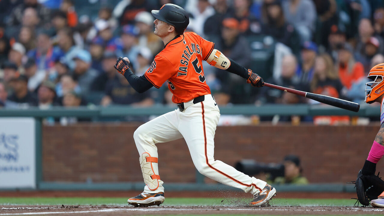 SAN FRANCISCO, CALIFORNIA - JULY 25: Mike Yastrzemski #5 of the San Francisco Giants at bat against the New York Mets at Oracle Park on July 25, 2025 in San Francisco, California.