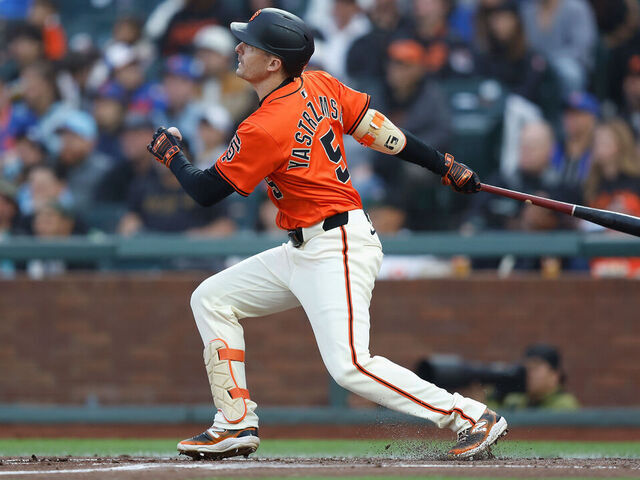 SAN FRANCISCO, CALIFORNIA - JULY 25: Mike Yastrzemski #5 of the San Francisco Giants at bat against the New York Mets at Oracle Park on July 25, 2025 in San Francisco, California.