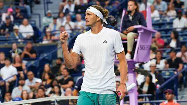 TORONTO, CANADA - JULY 31: Alexander Zverev of Germany celebrates after a point against Matteo Arnaldi of Italy on day six of the 2025 National Bank Open at Sobeys Stadium in Toronto, Ontario, Canada on July 31, 2025.