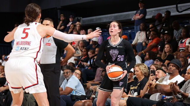 WASHINGTON, D.C. - JULY 31: Kate Martin #20 of the Golden State Valkyries looks to pass the ball during the game against the Washington Mystics on July 31, 2025 at Entertainment and Sports Arena in Washington, D.C. Mandatory Copyright Notice: Copyright 2025 NBAE