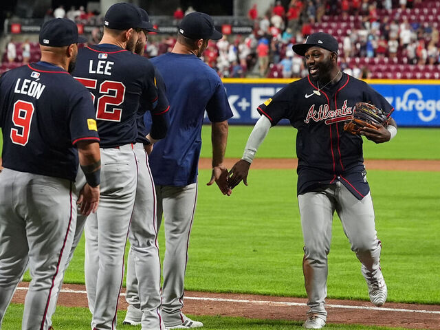 CINCINNATI, OHIO - JULY 31: Michael Harris II #23 of the Atlanta Braves celebrates with his teammates after the game against the Cincinnati Reds at Great American Ball Park on July 31, 2025 in Cincinnati, Ohio. Atlanta Braves won 11-10.