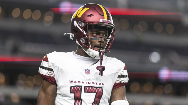PHILADELPHIA, PENNSYLVANIA - NOVEMBER 14: Terry McLaurin #17 of the Washington Commanders looks on prior to an NFL Football game against the Philadelphia Eagles at Lincoln Financial Field on November 14, 2024 in Philadelphia, Pennsylvania.