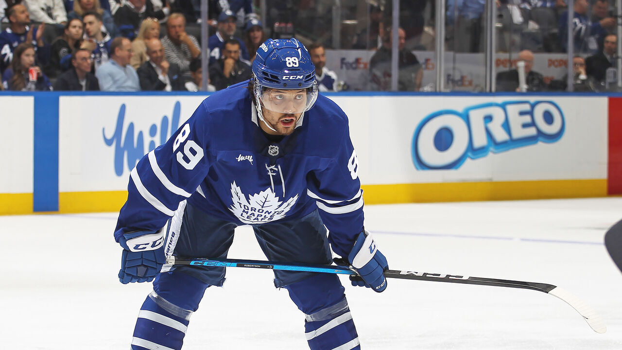 TORONTO, CANADA - MAY 14: Nicholas Robertson #89 of the Toronto Maple Leafs waits for a faceoff against the Florida Panthers during the second period in Game Five of the Second Round of the 2025 Stanley Cup Playoffs at Scotiabank Arena on May 14, 2025 in Toronto, Ontario, Canada.