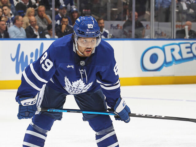 TORONTO, CANADA - MAY 14: Nicholas Robertson #89 of the Toronto Maple Leafs waits for a faceoff against the Florida Panthers during the second period in Game Five of the Second Round of the 2025 Stanley Cup Playoffs at Scotiabank Arena on May 14, 2025 in Toronto, Ontario, Canada.