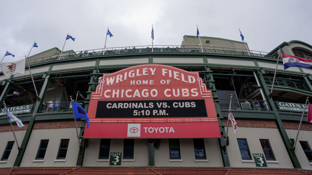 CHICAGO, ILLINOIS - JULY 6: An exterior view of the Chicago Cubs Marquee sign before a game against the Chicago Cubs and the St Louis Cardinals at Wrigley Field on July 6, 2025 in Chicago, Illinois.