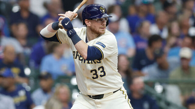 MILWAUKEE, WISCONSIN - JULY 30: Danny Jansen #33 of the Milwaukee Brewers up to bat against the Chicago Cubs at American Family Field on July 30, 2025 in Milwaukee, Wisconsin.