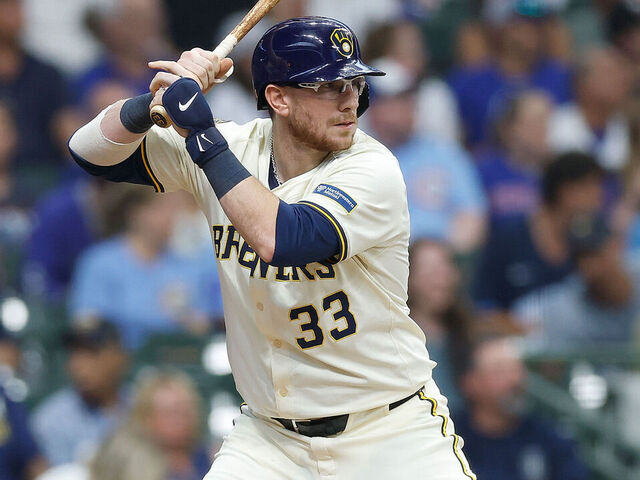 MILWAUKEE, WISCONSIN - JULY 30: Danny Jansen #33 of the Milwaukee Brewers up to bat against the Chicago Cubs at American Family Field on July 30, 2025 in Milwaukee, Wisconsin.