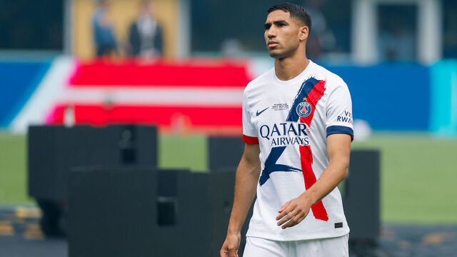 EAST RUTHERFORD, NEW JERSEY - JULY 13: Achraf Hakimi #2 of Paris Saint-Germain before the FIFA Club World Cup 2025 final match between Chelsea FC and Paris Saint-Germain at MetLife Stadium on July 13, 2025 in East Rutherford, New Jersey.