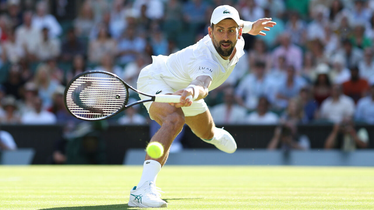 LONDON, ENGLAND - JULY 11: Novak Djokovic (SRB) [6] during his Gentlemen's Singles Semi-Final match against Jannik Sinner (ITA) [1] during day twelve of The Championships Wimbledon 2025 at All England Lawn Tennis and Croquet Club on July 11, 2025 in London, England.