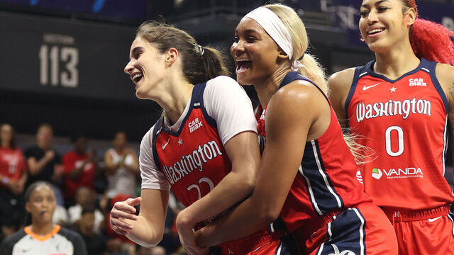 WASHINGTON, D.C. - JUNE 22: Sonia Citron #22 and Kiki Iriafen #44 of the Washington Mystics celebrate during the game against the Dallas Wings on June 22, 2025 at Entertainment and Sports Arena in Washington, D.C. Mandatory Copyright Notice: Copyright 2025 NBAE