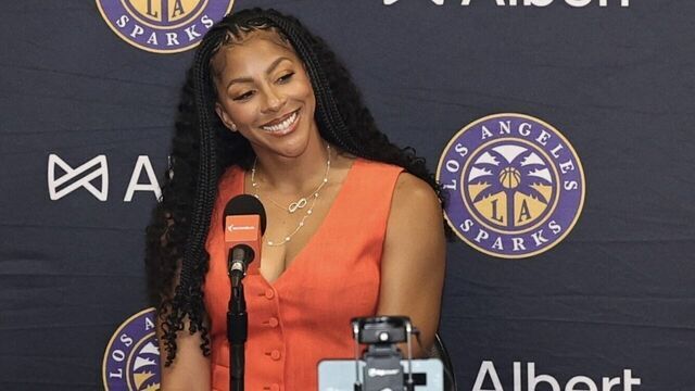 LOS ANGELES, CA - JUNE 29: Candace Parker talks to the media before the game between the Chicago Sky and Los Angeles Sparks on June 29, 2025 at Crypto.com Arena in Los Angeles, California. NOTE TO USER: User expressly acknowledges and agrees that, by downloading and/or using this Photograph, user is consenting to the terms and conditions of the Getty Images License Agreement. Mandatory Copyright Notice: Copyright 2025 NBAE