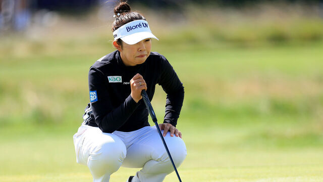 BRIDGEND, WALES - AUGUST 01: Miyu Yamashita of Japan lines up a putt on the 18th hole during the second round of the AIG Women's Open 2025 at Royal Porthcawl Golf Club on August 01, 2025 in Bridgend, Wales.