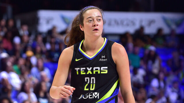 ARLINGTON, TX - JUNE 6: Maddy Siegrist #20 of the Dallas Wings looks on during the game against the Los Angeles Sparks on June 6, 2025 at the College Park Center in Arlington, TX. Mandatory Copyright Notice: Copyright 2025 NBAE
