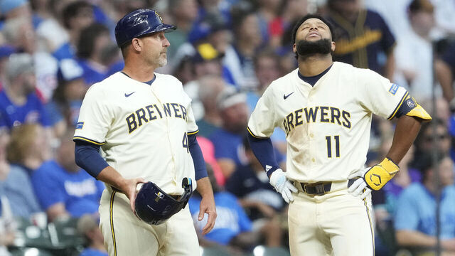 MILWAUKEE, WISCONSIN - JULY 29: Jackson Chourio #11 of the Milwaukee Brewers reacts after hitting a triple against the Chicago Cubs during the fifth inning at American Family Field on July 29, 2025 in Milwaukee, Wisconsin.