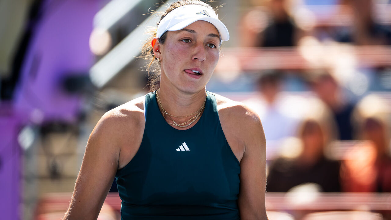 MONTREAL, QUEBEC - AUGUST 01: Jessica Pegula of the United States reacts while playing against Anastasija Sevastova of Latvia in the third round of the National Bank Open at Stade IGA on August 01, 2025 in Montreal, Quebec