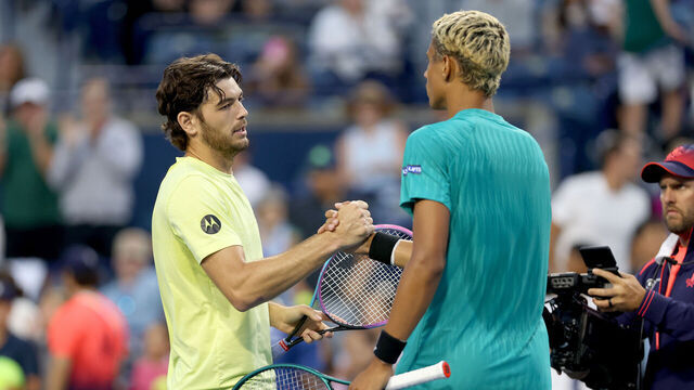TORONTO, ONTARIO - AUGUST 01: Taylor Fritz of United States is congratulated by Gabriel Diallo of Canada after their match during the National Bank Open Presented by Rogers at Sobeys Stadium on August 01, 2025 in Toronto, Ontario.