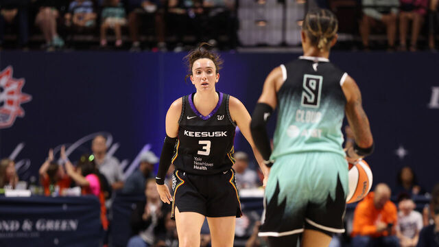 UNCASVILLE, CT - AUGUST 1: Marina Mabrey #3 of the Connecticut Sun plays defense during the game against the New York Liberty on August 1, 2025 at the Mohegan Sun Arena in Uncasville, Connecticut. Mandatory Copyright Notice: Copyright 2025 NBAE
