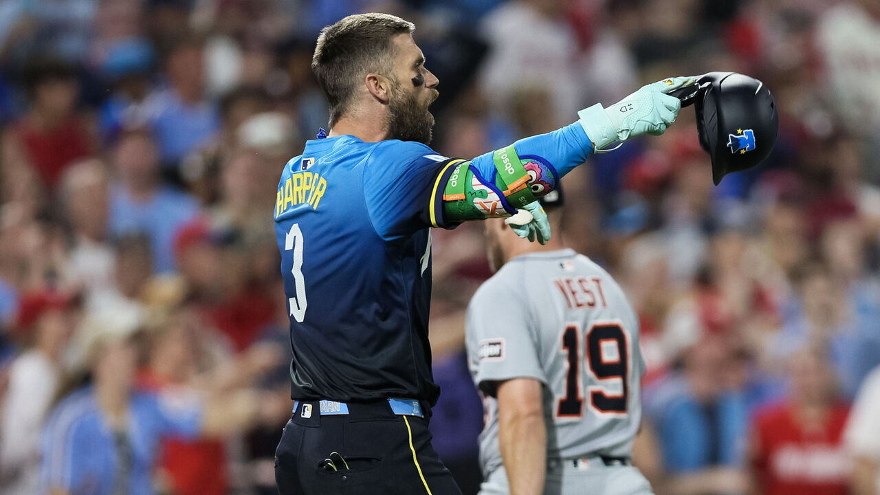 PHILADELPHIA, PENNSYLVANIA - AUGUST 01: Bryce Harper #3 of the Philadelphia Phillies reacts after being called out during the seventh inning against the Detroit Tigers at Citizens Bank Park on August 01, 2025 in Philadelphia, Pennsylvania.