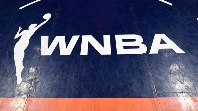 UNCASVILLE, CT - JULY 06: A general view of a WNBA logo on the court before a WNBA game between the Las Vegas Aces and the Connecticut Sun on July 6, 2025, at Mohegan Sun Arena in Uncasville, CT.