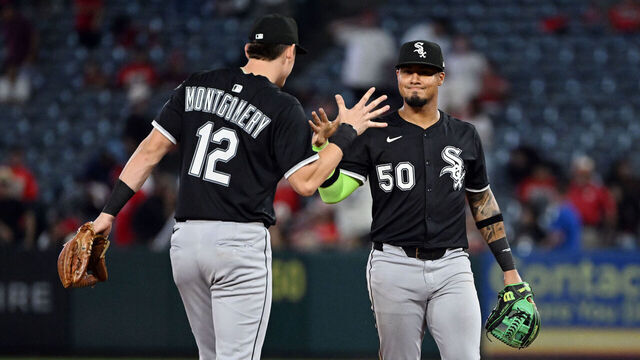 ANAHEIM, CA - AUGUST 01: Chicago White Sox second baseman Lenyn Sosa (50) and shortstop Colson Montgomery (12) celebrate on the field after the White Sox defeated the Los Angeles Angels 6 to 3 in an MLB baseball game played on August 1, 2025 at Angel Stadium in Anaheim, CA.