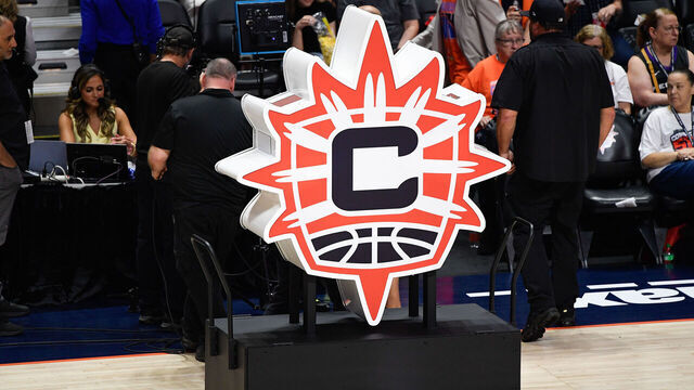UNCASVILLE, CT - MAY 18: A general view of the Connecticut Sun logo before a WNBA game between the Washington Mystics and the Connecticut Sun on May 18, 2025, at Mohegan Sun Arena in Uncasville, CT.