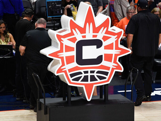UNCASVILLE, CT - MAY 18: A general view of the Connecticut Sun logo before a WNBA game between the Washington Mystics and the Connecticut Sun on May 18, 2025, at Mohegan Sun Arena in Uncasville, CT.