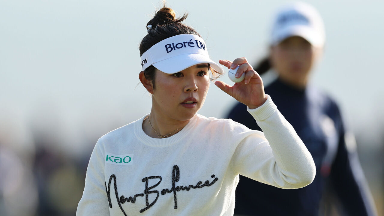 BRIDGEND, WALES - AUGUST 02: Miyu Yamashita of Japan acknowledges the crowd on the 18th green during the third round of the AIG Women's Open 2025 at Royal Porthcawl Golf Club on August 02, 2025 in Bridgend, Wales.