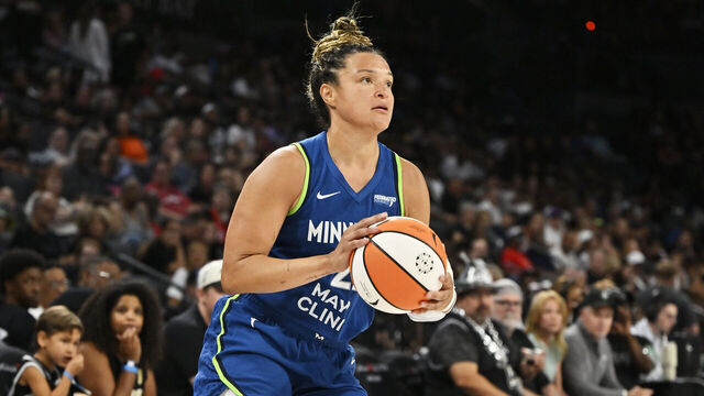 LAS VEGAS, NV - AUGUST 2: Kayla McBride #21 of the Minnesota Lynx handles the ball during the game against the Las Vegas Aces during a WNBA game on August 2, 2025 at Michelob ULTRA Arena in Las Vegas, Nevada. Mandatory Copyright Notice: Copyright 2025 NBAE