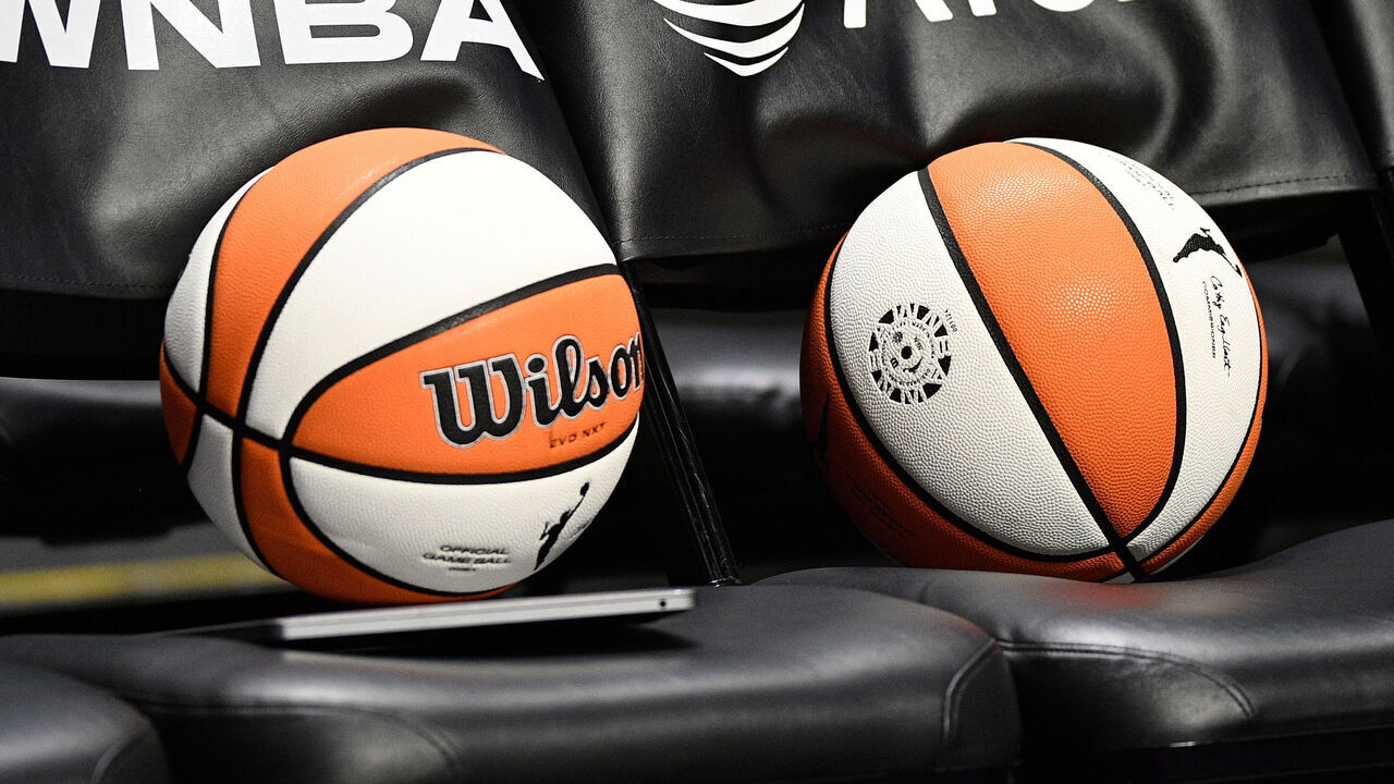 UNCASVILLE, CT - JULY 28: A general view of chairs with the WNBA logo and the AT&T logo and two WNBA basketballs before a WNBA game between the Seattle Storm and the Connecticut Sun on July 28, 2025, at Mohegan Sun Arena in Uncasville, CT.