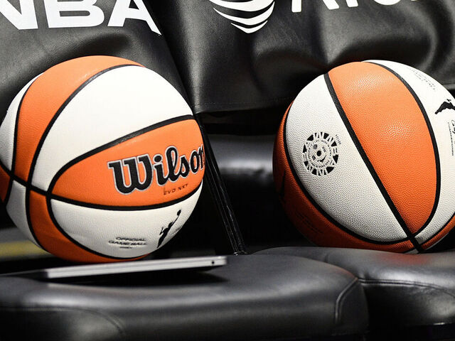 UNCASVILLE, CT - JULY 28: A general view of chairs with the WNBA logo and the AT&T logo and two WNBA basketballs before a WNBA game between the Seattle Storm and the Connecticut Sun on July 28, 2025, at Mohegan Sun Arena in Uncasville, CT.