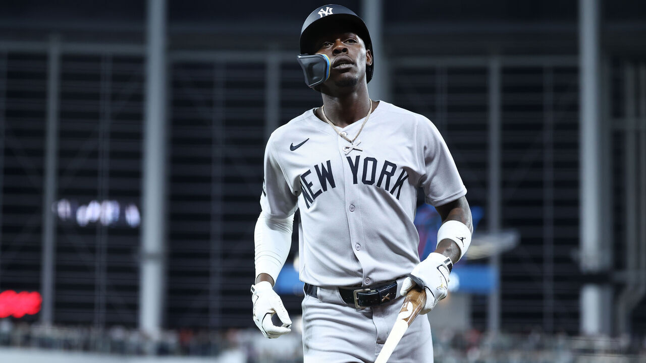MIAMI, FL - AUGUST 01: New York Yankees second base Jazz Chisholm Jr. (13) looks toward the stands after coming up just short of a homer during the game between the New York Yankees and the Miami Marlins on Friday, August 1, 2025 at LoanDepot Park in Miami, FL