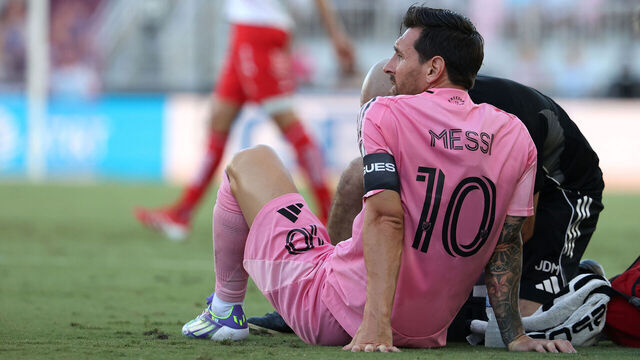 FORT LAUDERDALE, FLORIDA - AUGUST 02: Lionel Messi #10 of Inter Miami CF goes down injured during the Leagues Cup Phase One match between Inter Miami CF and Club Necaxa at Chase Stadium on August 2, 2025 in Fort Lauderdale, Florida.