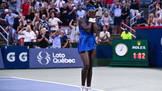 MONTREAL, CANADA - AUGUST 02: Victoria Mboko of Canada celebrates a victory against Coco Gauff of the United States during their fourth round singles women's match on Day Seven of the WTA 1000 National Bank Open at IGA Stadium on August 2, 2025 in Montreal, Quebec, Canada.