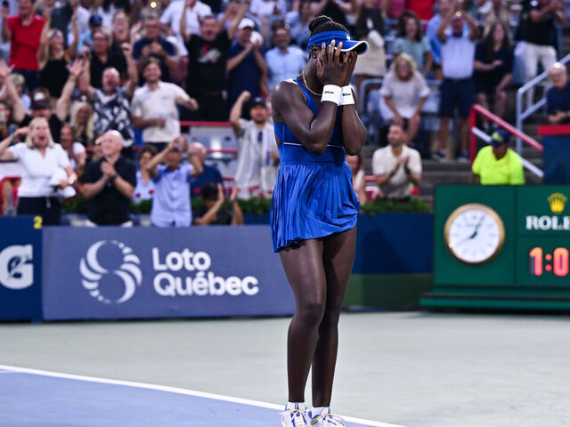 MONTREAL, CANADA - AUGUST 02: Victoria Mboko of Canada celebrates a victory against Coco Gauff of the United States during their fourth round singles women's match on Day Seven of the WTA 1000 National Bank Open at IGA Stadium on August 2, 2025 in Montreal, Quebec, Canada.