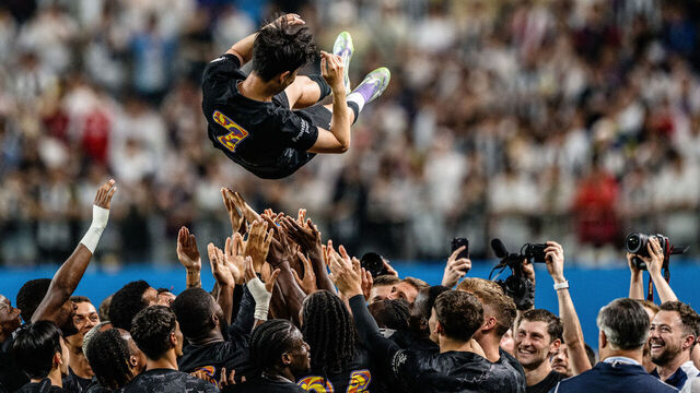 Teammates lift Tottenham Hotspur's captain Son Heung-min up in the air during celebrations to bid him farewell at the end of a friendly football match between Tottenham Hotspur and Newcastle United in Seoul on August 3, 2025. The 33-year-old South Korean striker said on August 2, that he will leave the club this summer after a decade in north London.