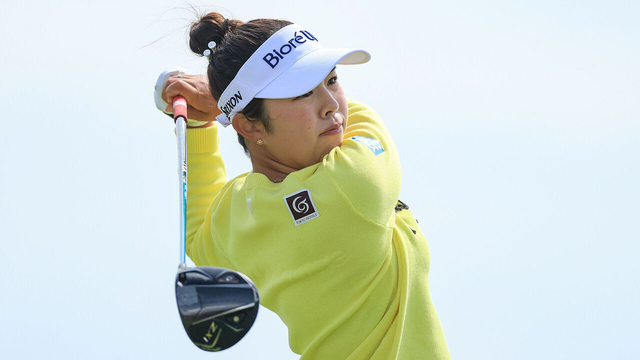 BRIDGEND, WALES - AUGUST 03: Miu Yamashita of Japan plays her tee shot on the third hole during the final round of the AIG Women's Open 2025 at Royal Porthcawl Golf Club on August 03, 2025 in Bridgend, Wales.