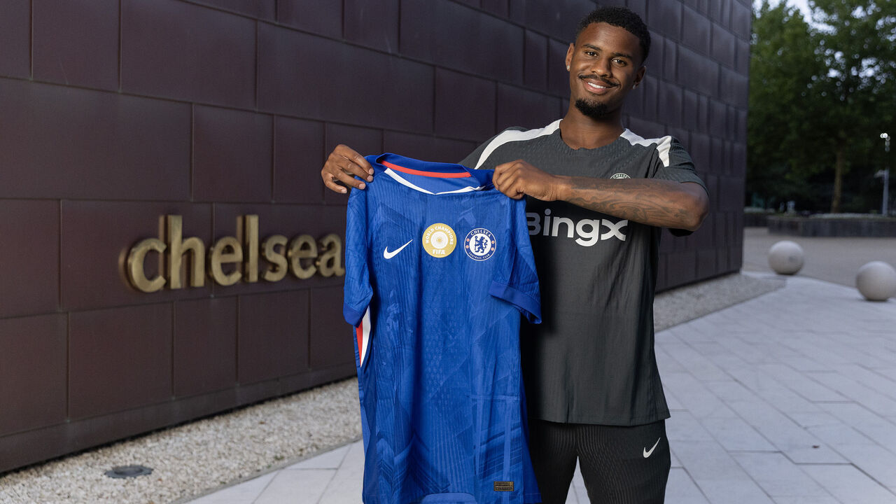 COBHAM, ENGLAND - AUGUST 03: New signing, Jorrel Hato poses for photos as he signs for Chelsea Football Club at Chelsea Training Ground on August 03, 2025 in Cobham, England.