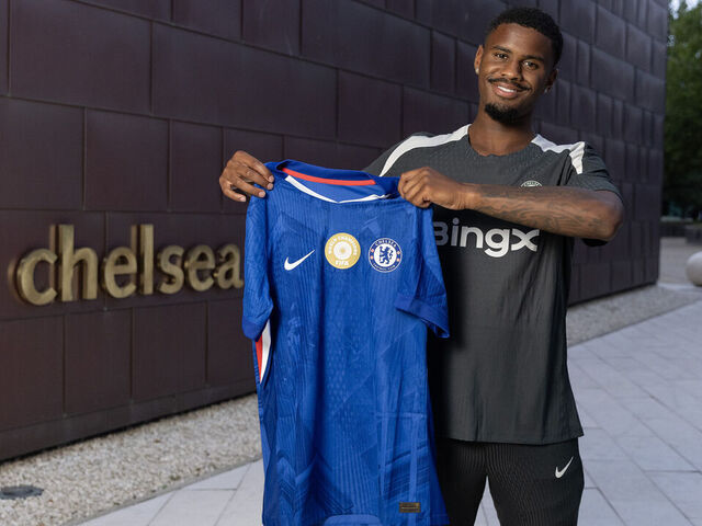 COBHAM, ENGLAND - AUGUST 03: New signing, Jorrel Hato poses for photos as he signs for Chelsea Football Club at Chelsea Training Ground on August 03, 2025 in Cobham, England.