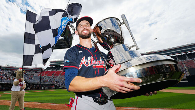 BRISTOL, TN - AUGUST 03: Eli White #36 of the Atlanta Braves poses for a photo with the Speedway Classic cup after the Braves defeated the Cincinnati Reds in the 2025 MLB Speedway Classic presented by BulidSubmarines.com at Bristol Motor Speedway on Sunday, August 3, 2025 in Bristol, Tennessee.