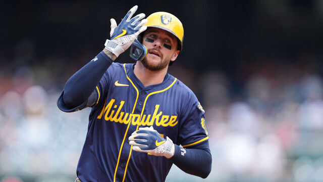 WASHINGTON, DC - AUGUST 03: Brice Turang #2 of the Milwaukee Brewers rounds the bases and celebrates a two-run home run in the second inning during a baseball game against the Washington Nationals at Nationals Park on August 3, 2025 in Washington, DC.