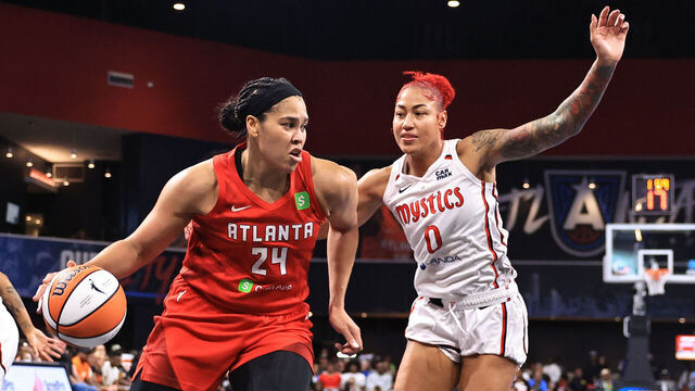 ATLANTA, GA - AUGUST 3: Brionna Jones #24 of the Atlanta Dream handles the ball during the game as Shakira Austin #0 of the Washington Mystics defends on August 3, 2025 at Gateway Center Arena at College Park in Atlanta, Georgia. Mandatory Copyright Notice: Copyright 2025 NBAE