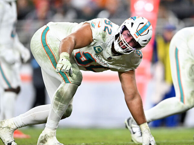 CLEVELAND, OHIO - DECEMBER 29: Zach Sieler #92 of the Miami Dolphins waits for the snap during the fourth quarter against the Cleveland Browns at Huntington Bank Field on December 29, 2024 in Cleveland, Ohio.