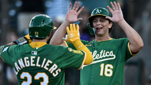 SACRAMENTO, CALIFORNIA - AUGUST 01: Nick Kurtz #16 celebrates with Shea Langeliers #23 of the Athletics after Langeliers hits a two-run home run against the Arizona Diamondbacks in the first inning at Sutter Health Park on August 01, 2025, in Sacramento, California.