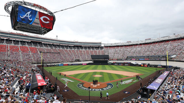 BRISTOL, TENNESSEE - AUGUST 03: A general view as players take the field during the MLB Speedway Classic between the Atlanta Braves and the Cincinnati Reds at Bristol Motor Speedway on August 03, 2025 in Bristol, Tennessee.